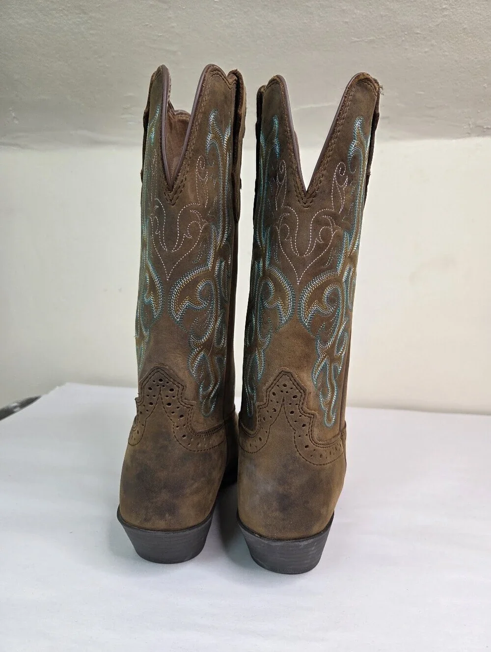 Justin Boots Brown Leather Western Cowboy Boots Embroidered Square Toe  8.5B